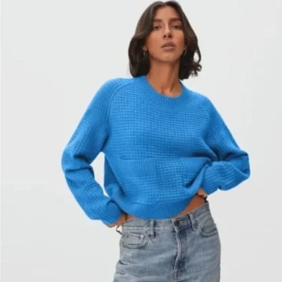 EVERLANE Belgian Waffle Pocket Pullover Sweater Recycled Cashmere Blue, Size L - Picture 4 of 11